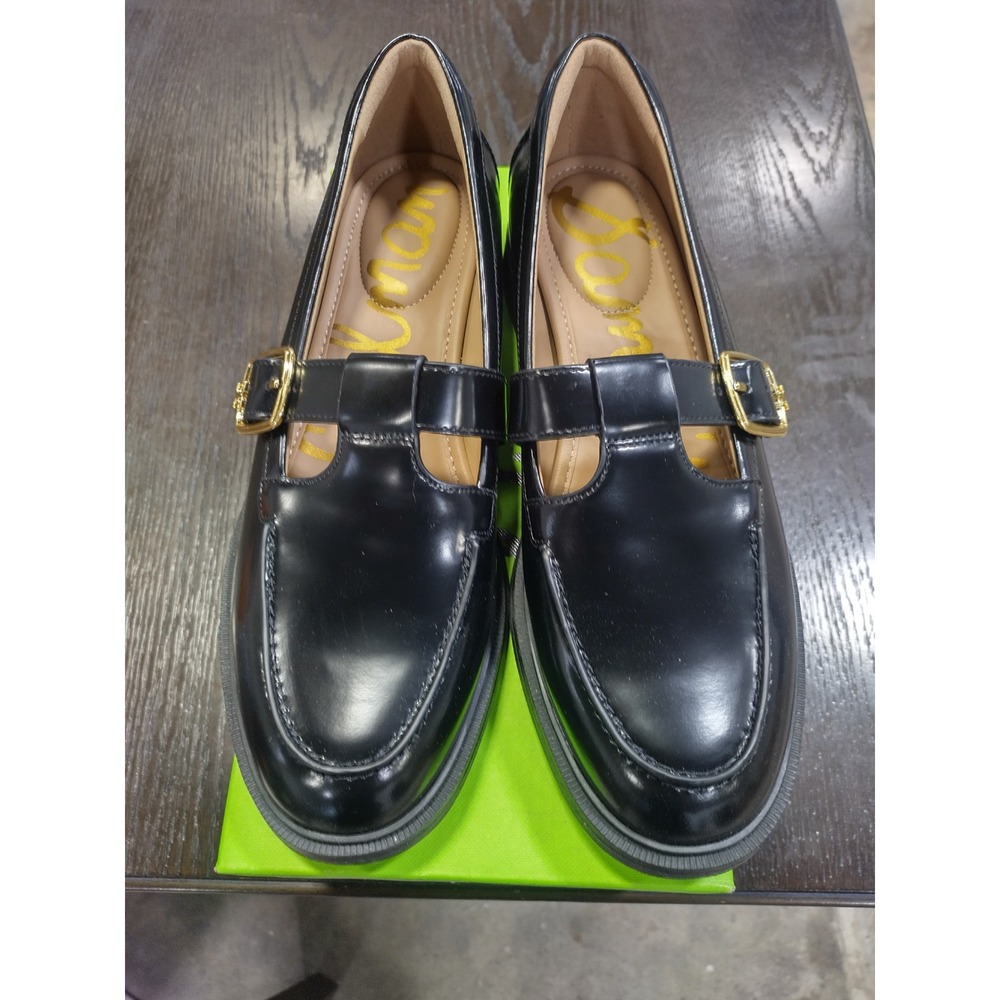 Sam Edelman Elaina Black Leather Mary Jane Loafers Gold Buckle 8.5 J1488L1001